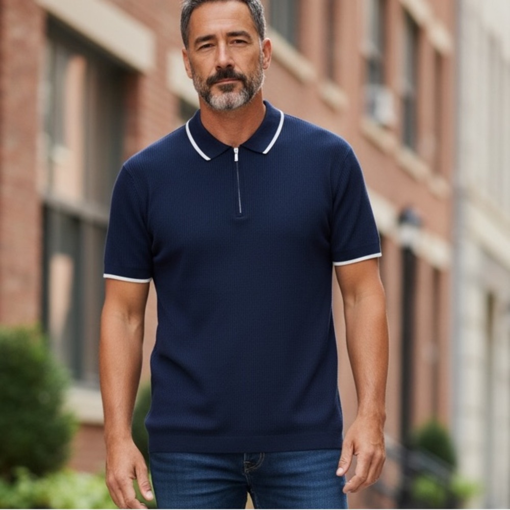 Club Monaco Men’s Knit Zip Polo Sweater – Size Large – Navy Blue